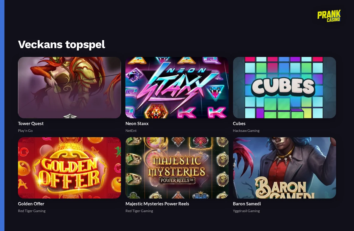 Veckans toppspel i Prank Casinos spelbibliotek